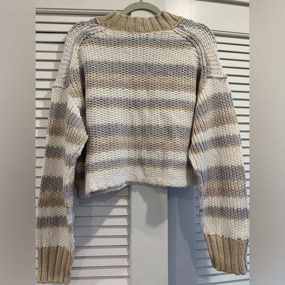 NWT Free People Devon cropped open knit sweater stripes natural colors size M - Picture 6 of 9